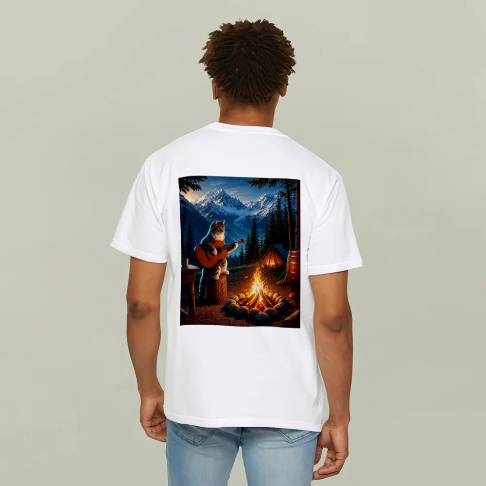 Tabby Cat Playing Guitar Campfire Mountains – T-Shirts