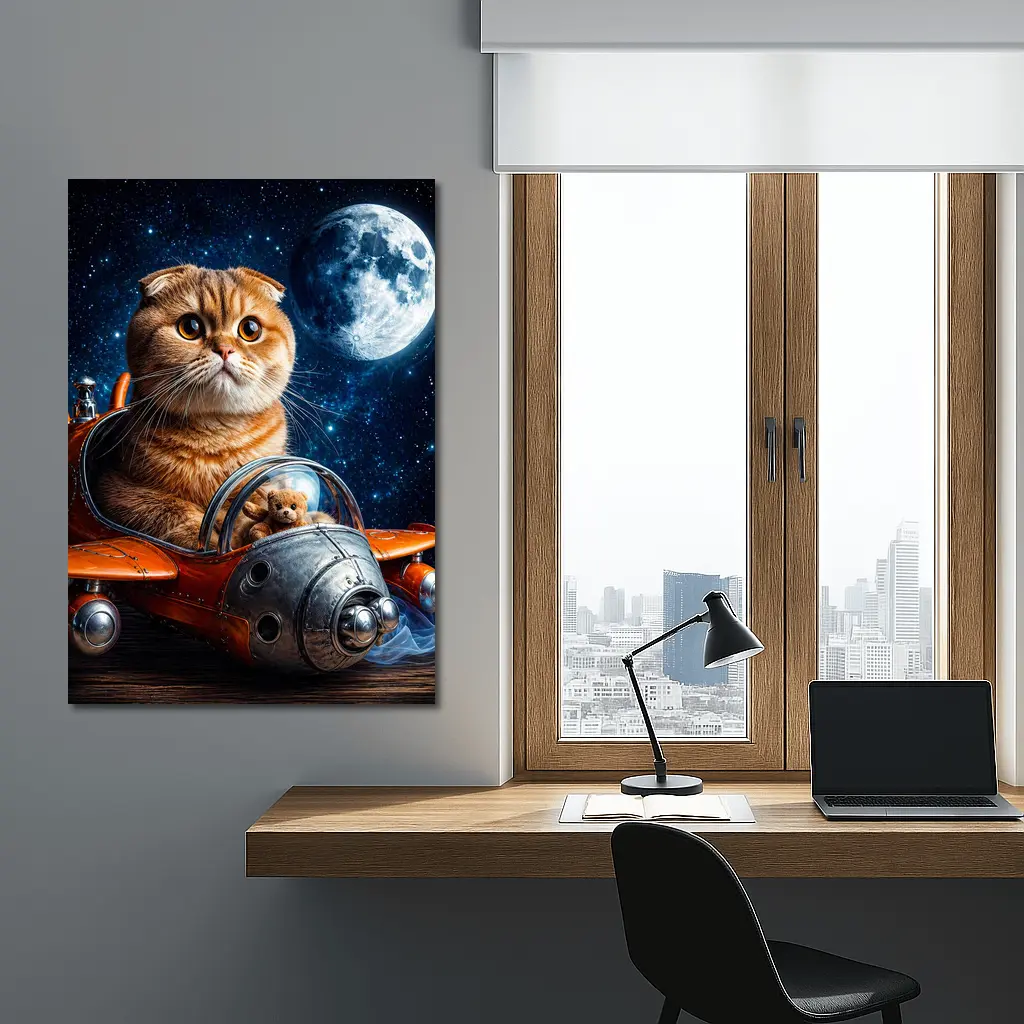 Scottish Fold Cat Riding Space Rocket Moon – Wall Art
