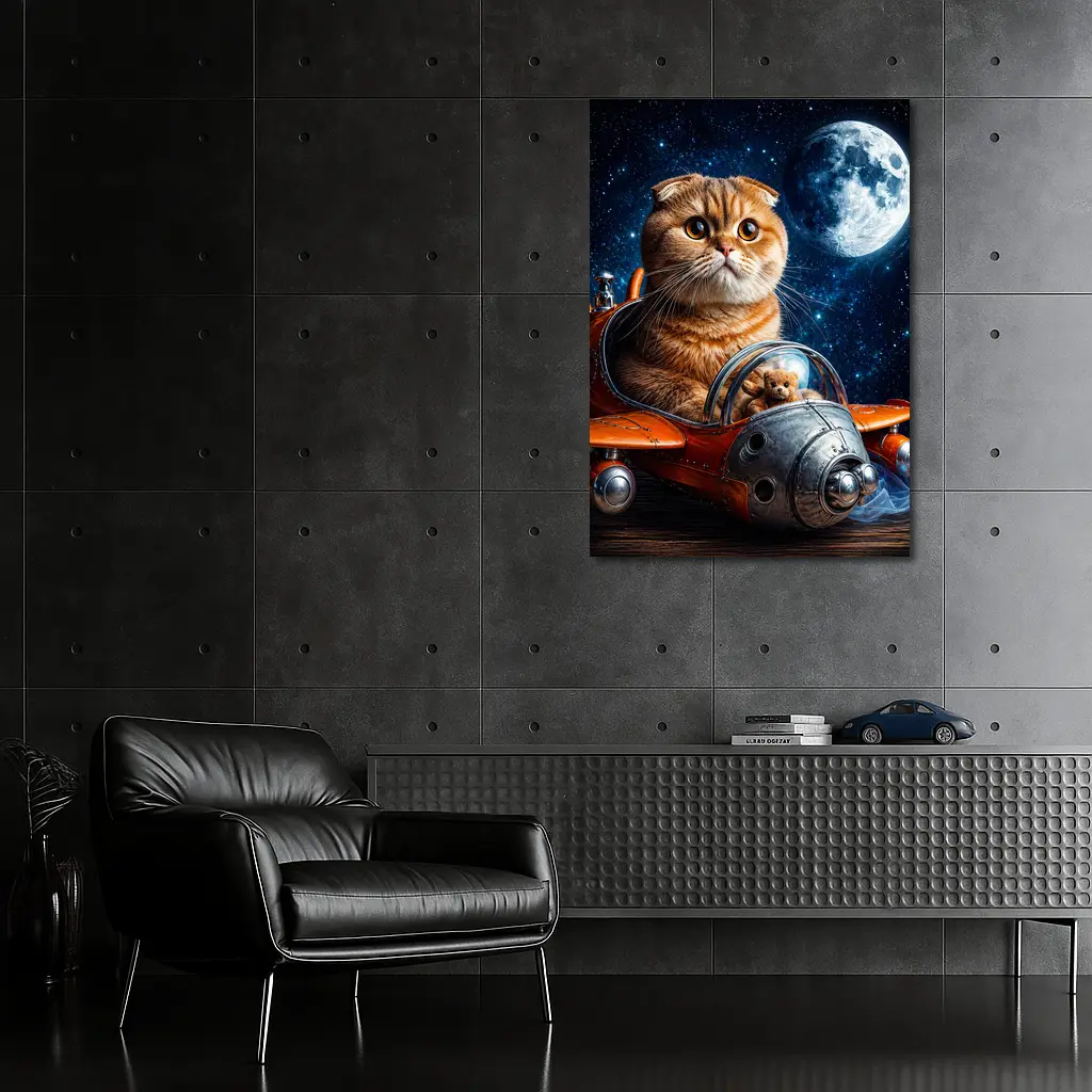 Scottish Fold Cat Riding Space Rocket Moon – Wall Art