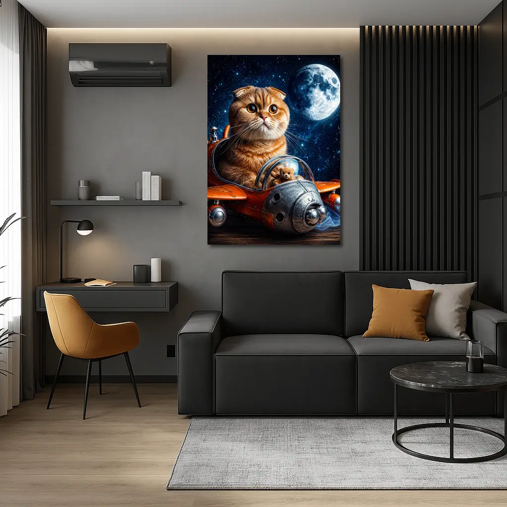 Scottish Fold Cat Riding Space Rocket Moon – Wall Art