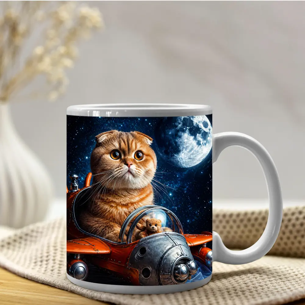Scottish Fold Cat Riding Space Rocket Moon – Mugs