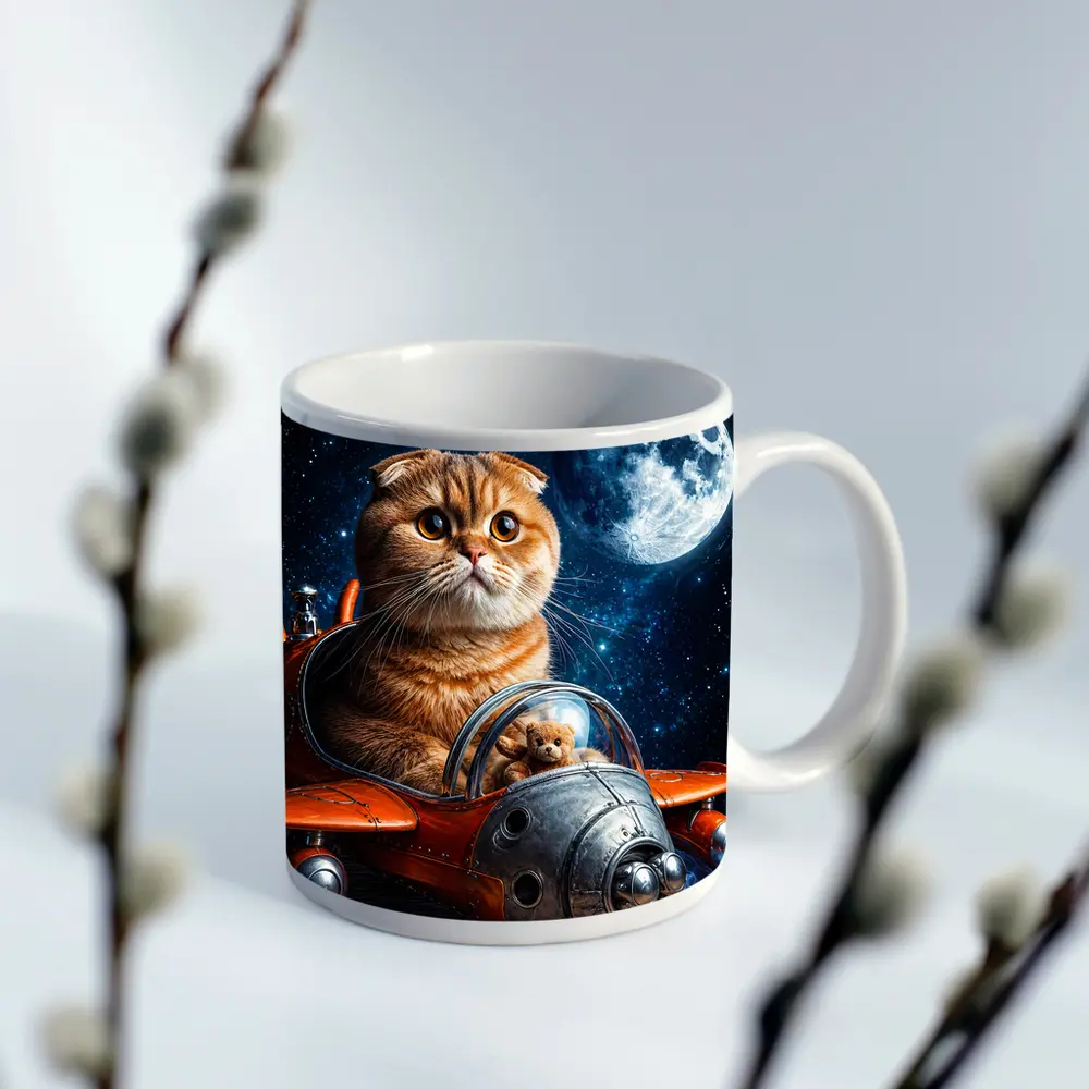 Scottish Fold Cat Riding Space Rocket Moon – Mugs