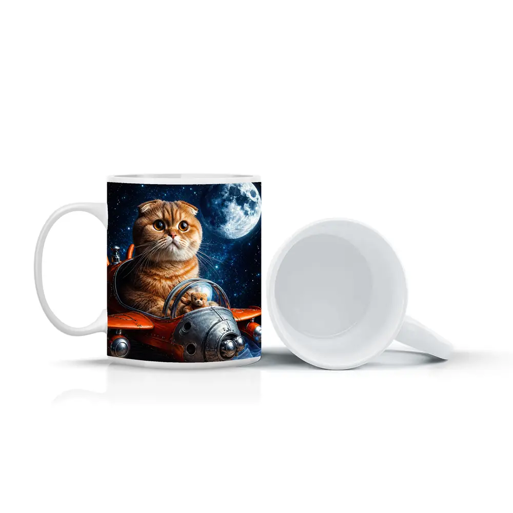 Scottish Fold Cat Riding Space Rocket Moon – Mugs