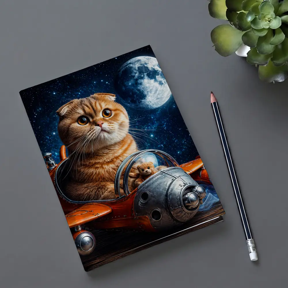 Scottish Fold Cat Riding Space Rocket Moon – Notebooks
