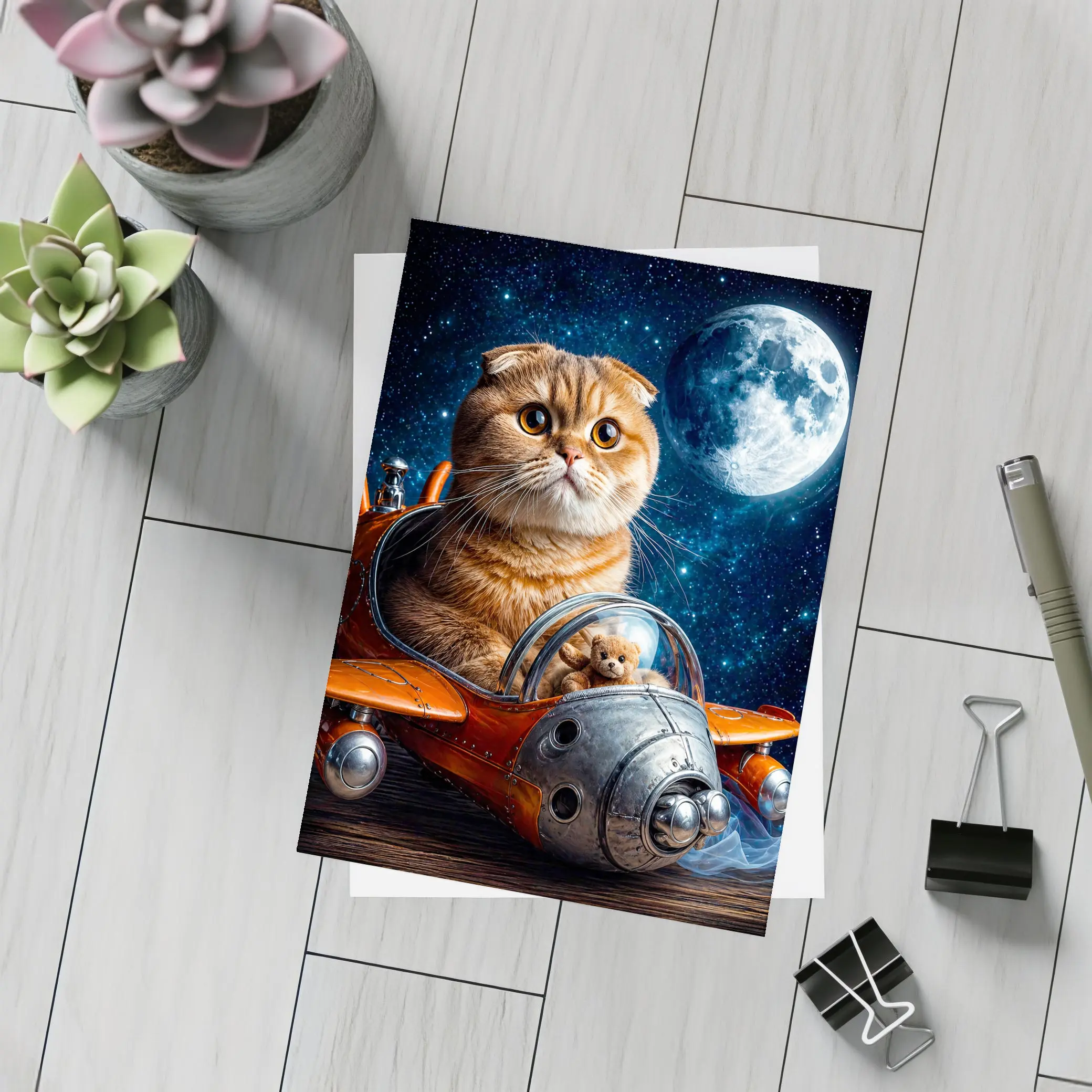 Scottish Fold Cat Riding Space Rocket Moon – Postcards