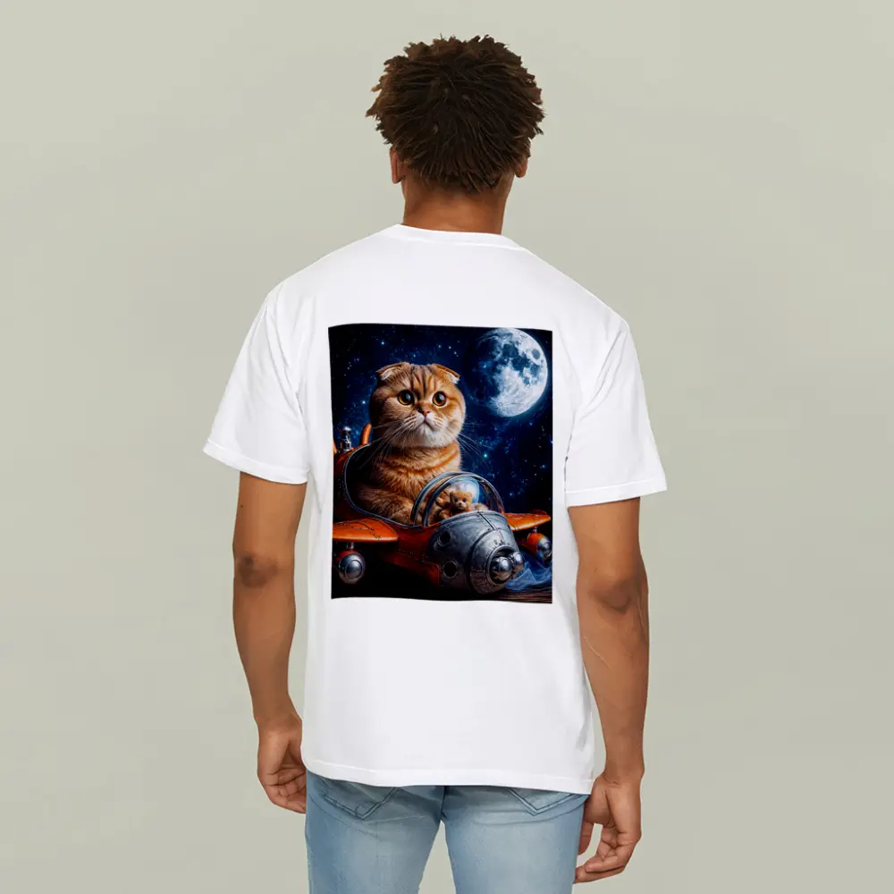 Scottish Fold Cat Riding Space Rocket Moon – T-Shirts