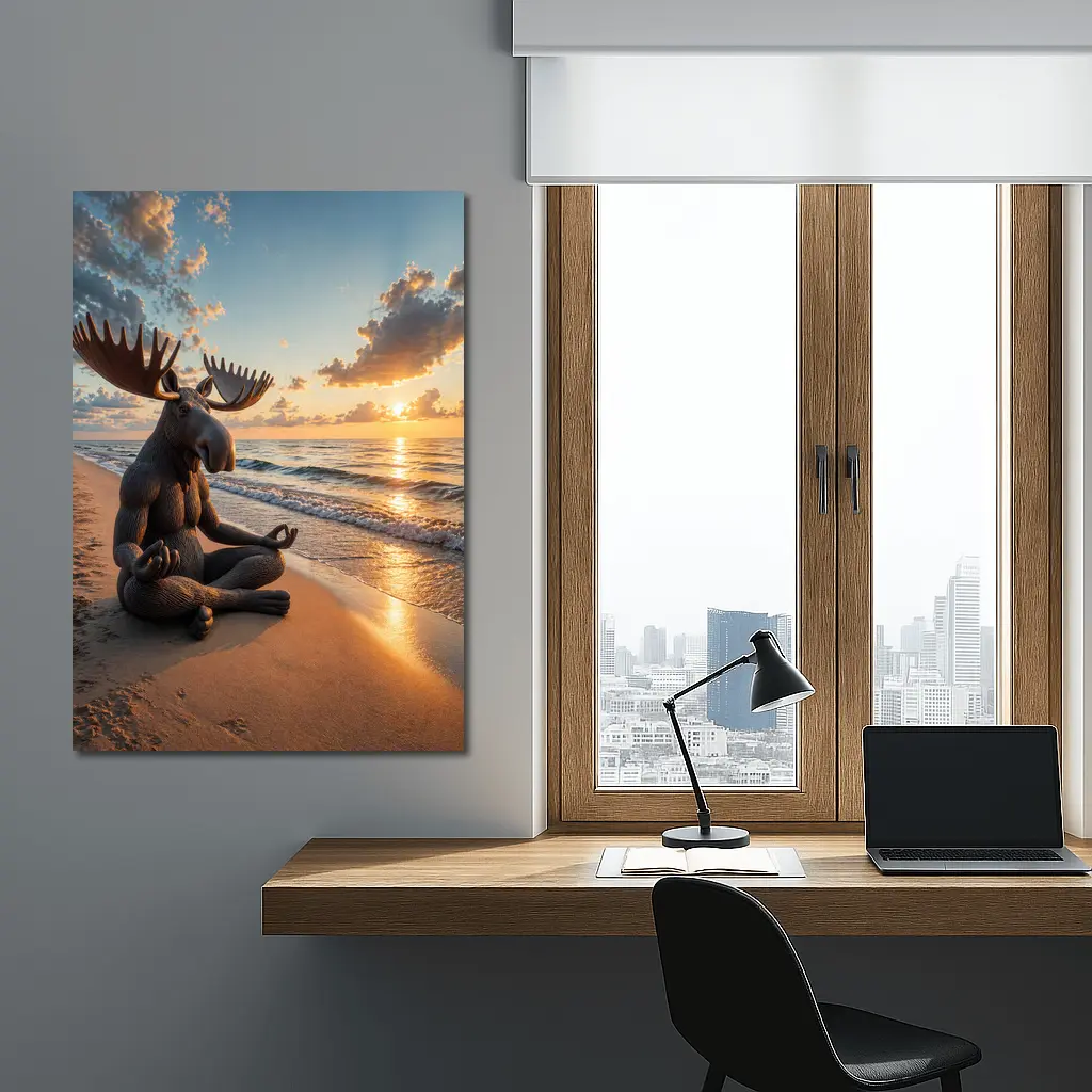 Meditating Moose Sitting on Sunset Beach – Wall Art