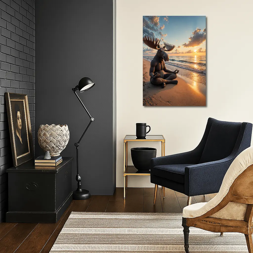 Meditating Moose Sitting on Sunset Beach – Wall Art