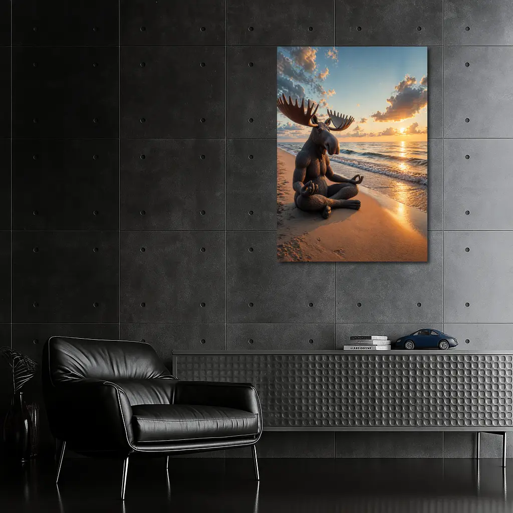 Meditating Moose Sitting on Sunset Beach – Wall Art