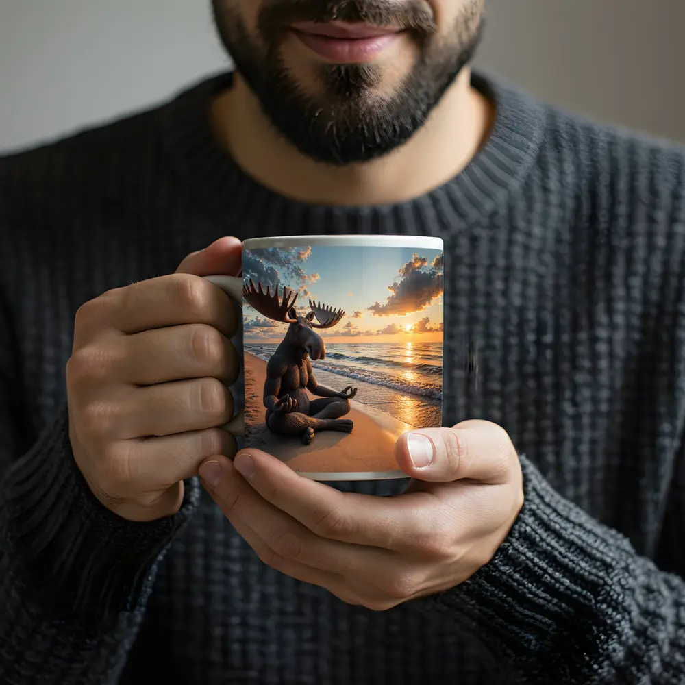 Meditating Moose Sitting on Sunset Beach – Mugs