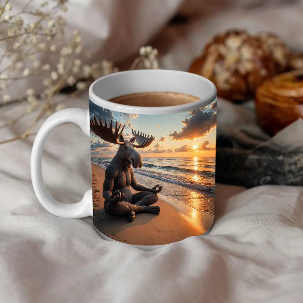 Meditating Moose Sitting on Sunset Beach – Mugs