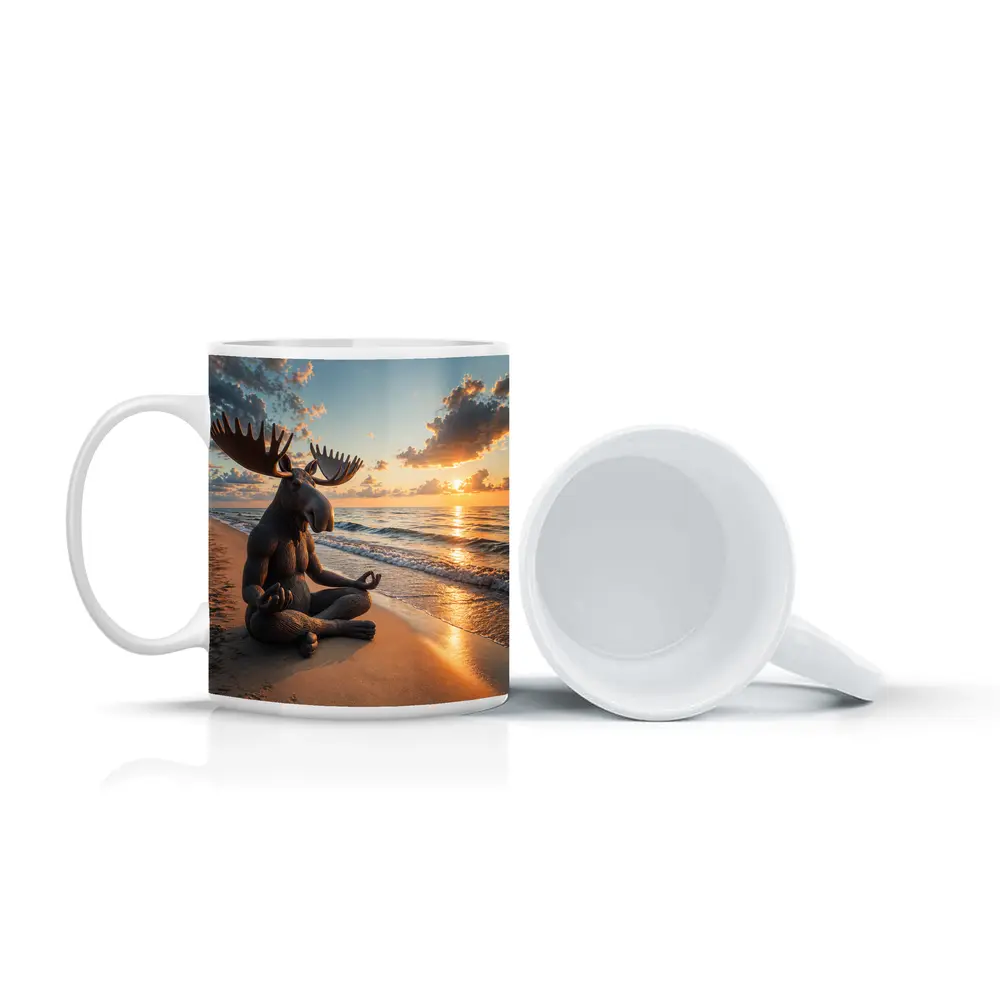 Meditating Moose Sitting on Sunset Beach – Mugs