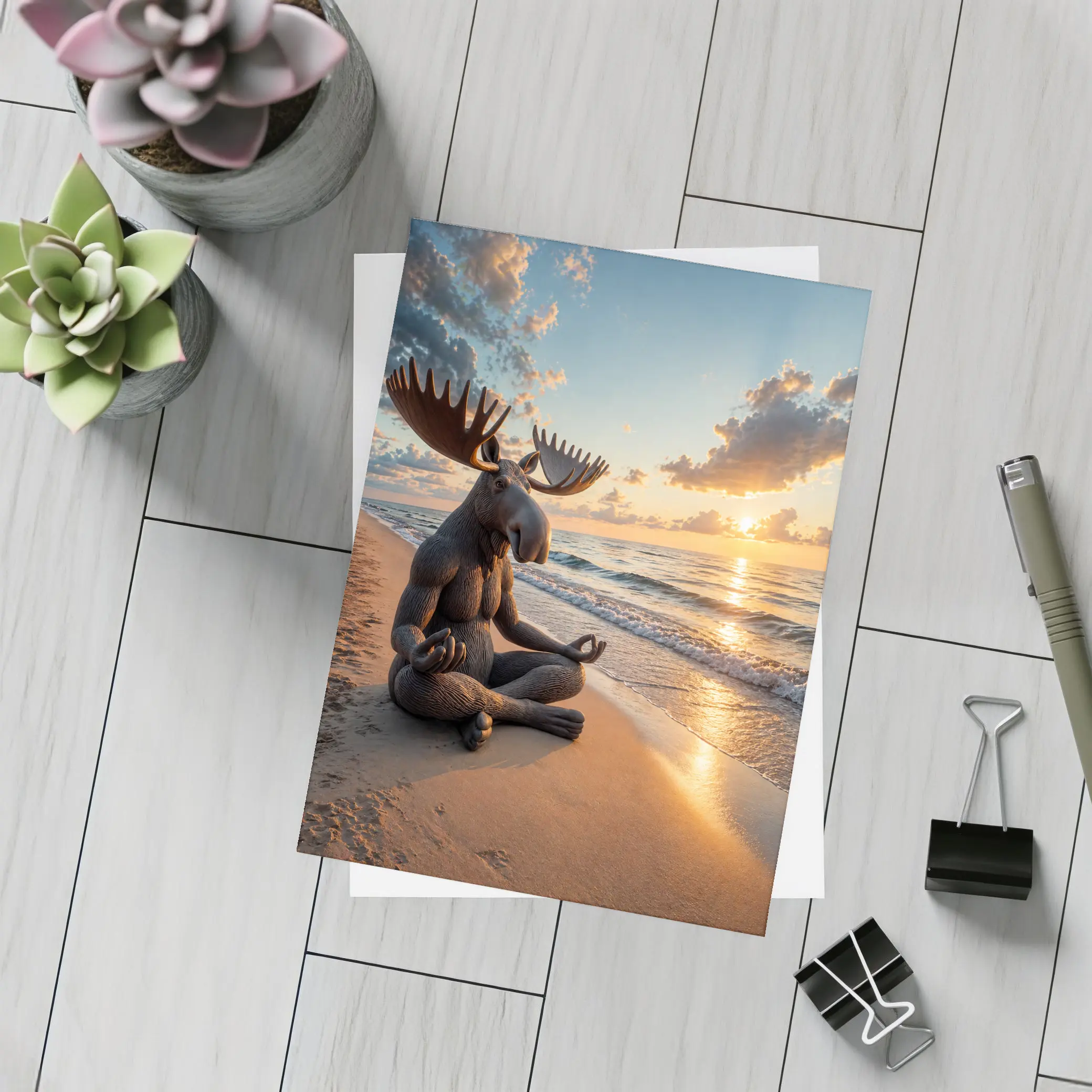 Meditating Moose Sitting on Sunset Beach – Postcards