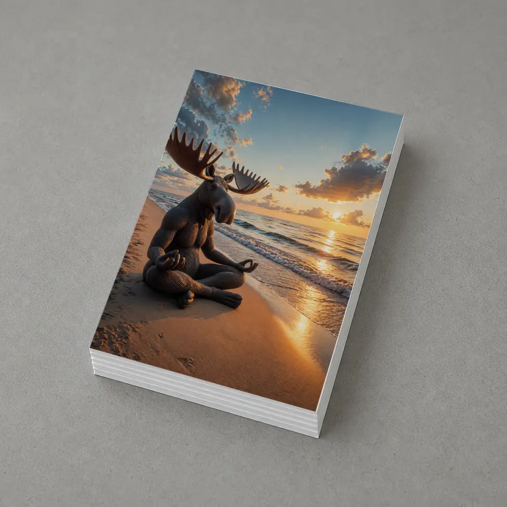 Meditating Moose Sitting on Sunset Beach – Postcards
