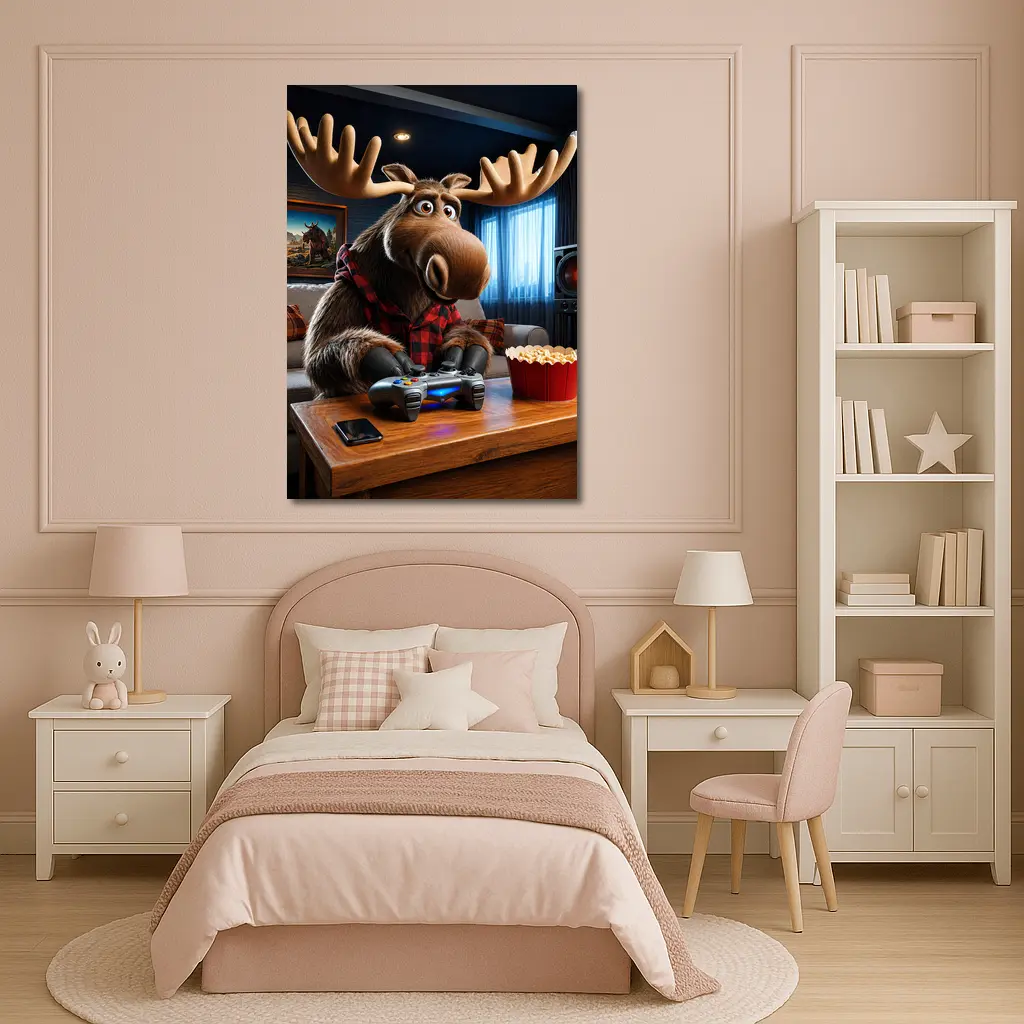 Cartoon Moose Gaming In Cozy Living Room – Wall Art