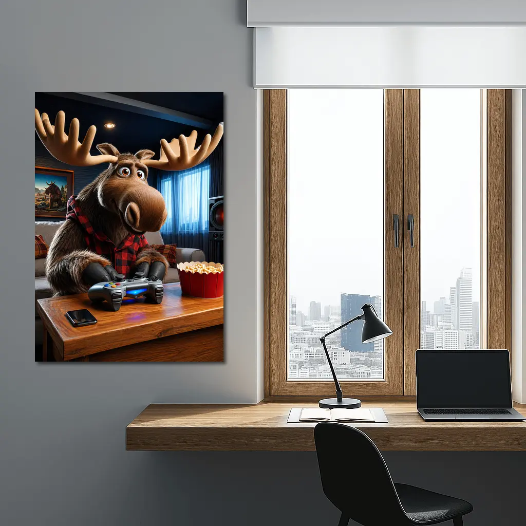 Cartoon Moose Gaming In Cozy Living Room – Wall Art