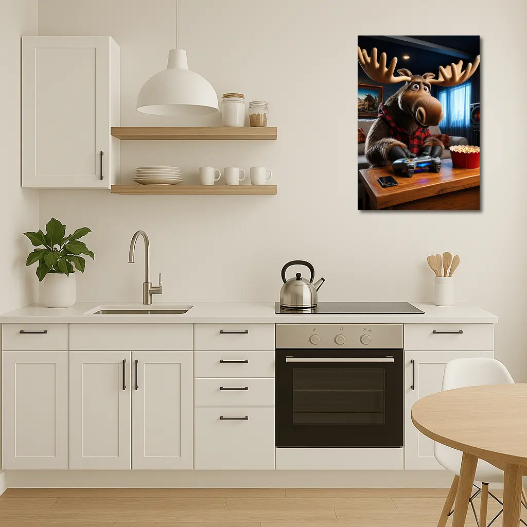 Cartoon Moose Gaming In Cozy Living Room – Wall Art