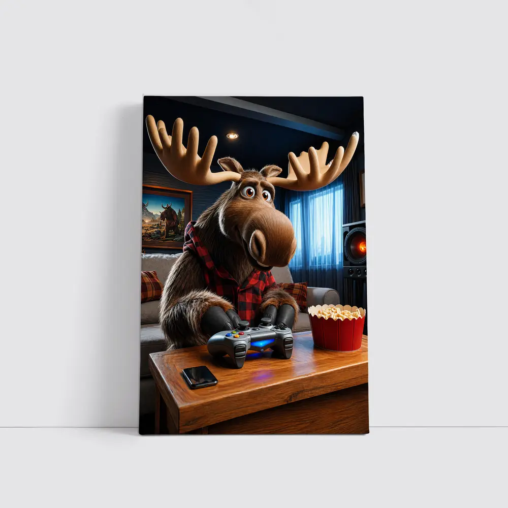 Cartoon Moose Gaming In Cozy Living Room – Wall Art
