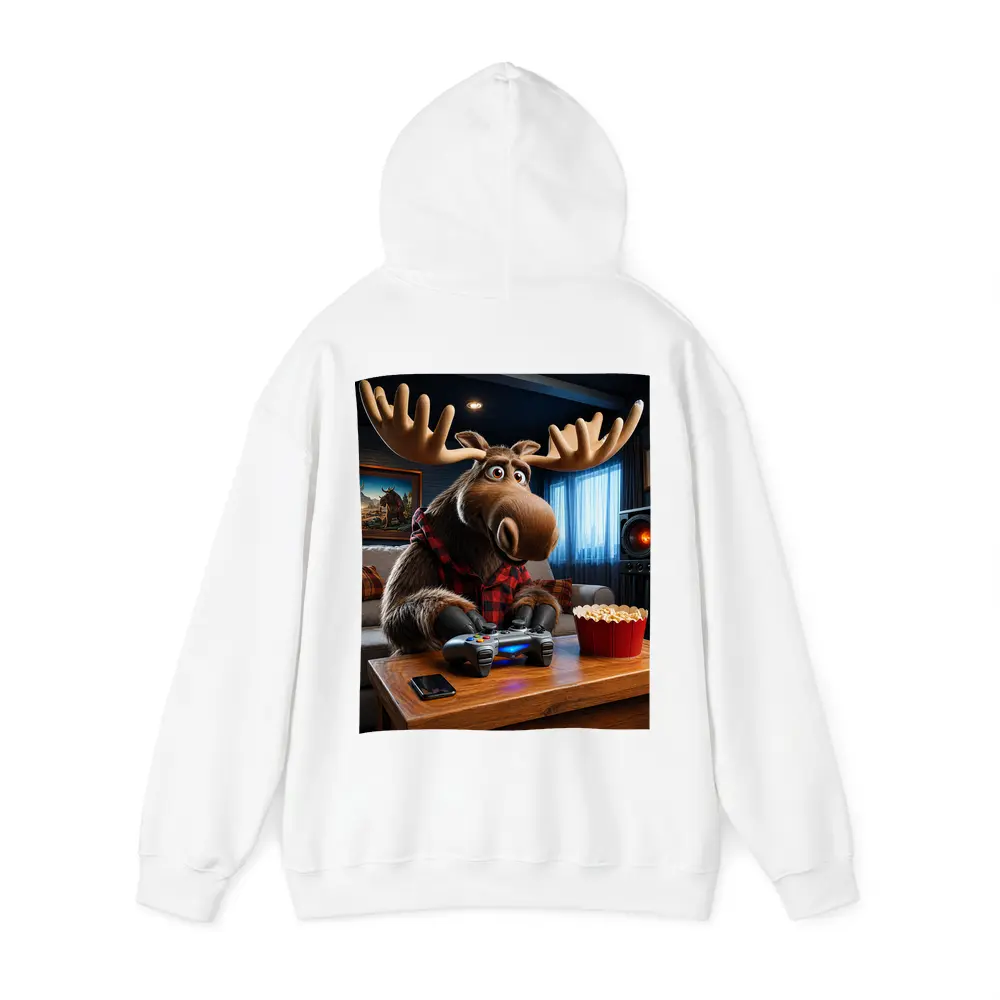 Cartoon Moose Gaming In Cozy Living Room – Hoodies
