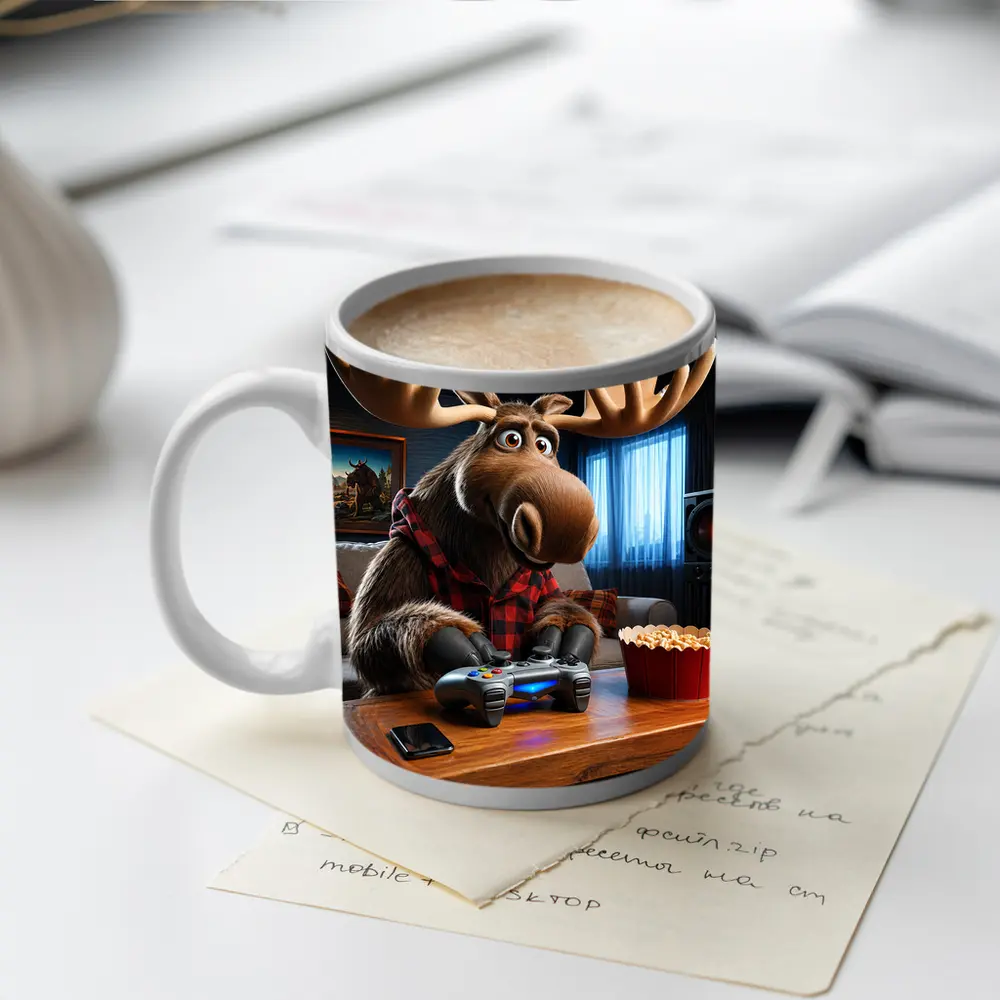 Cartoon Moose Gaming In Cozy Living Room – Mugs