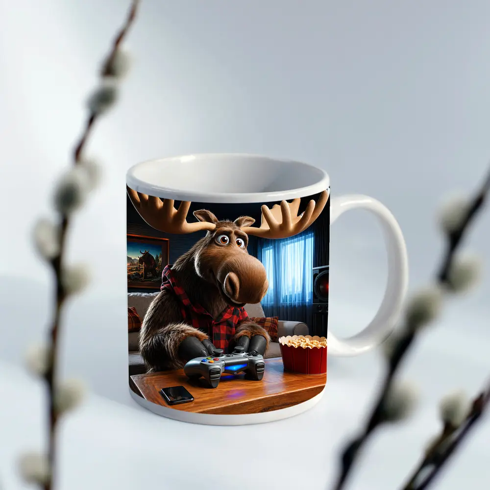 Cartoon Moose Gaming In Cozy Living Room – Mugs