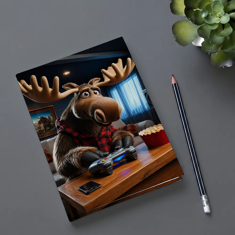 Cartoon Moose Gaming In Cozy Living Room – Notebooks