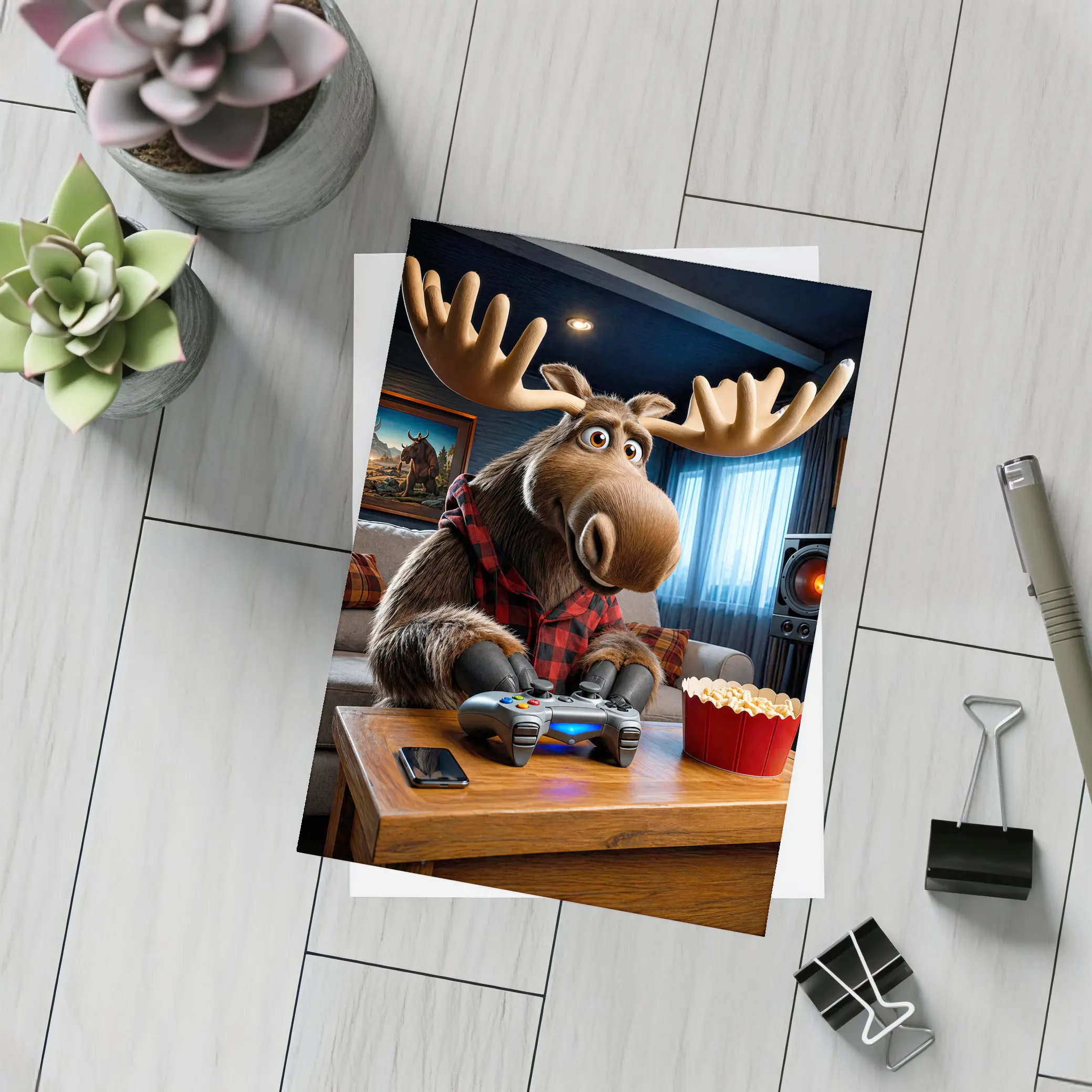 Cartoon Moose Gaming In Cozy Living Room – Postcards