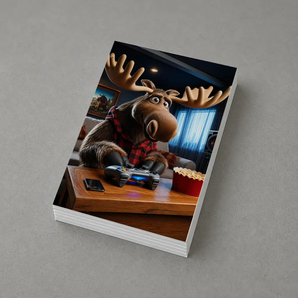 Cartoon Moose Gaming In Cozy Living Room – Postcards