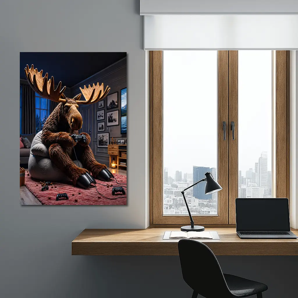 Moose Playing Video Games Living Room – Wall Art
