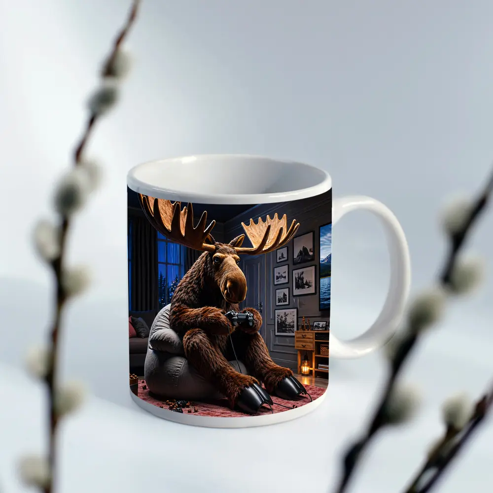 Moose Playing Video Games Living Room – Mugs