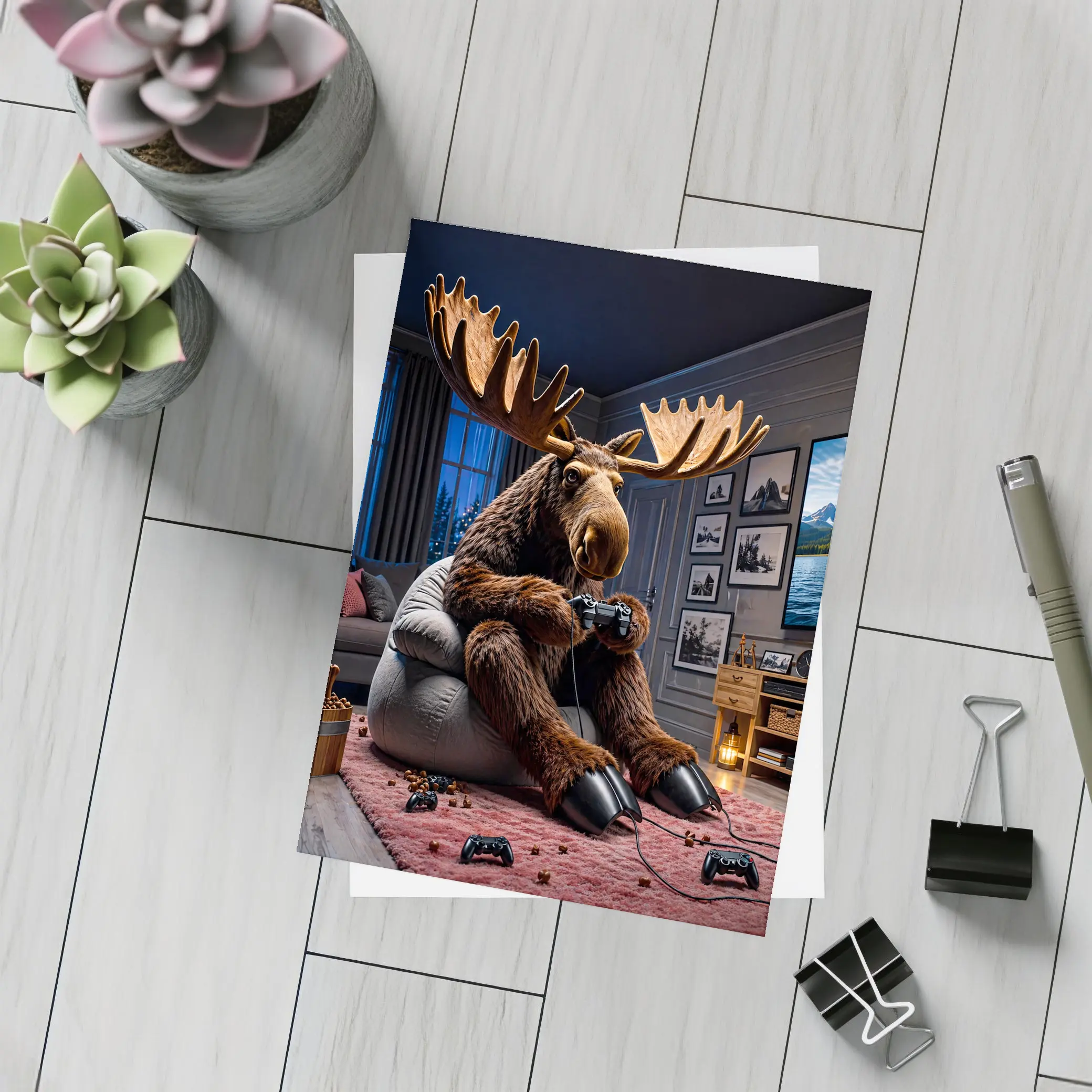 Moose Playing Video Games Living Room – Postcards