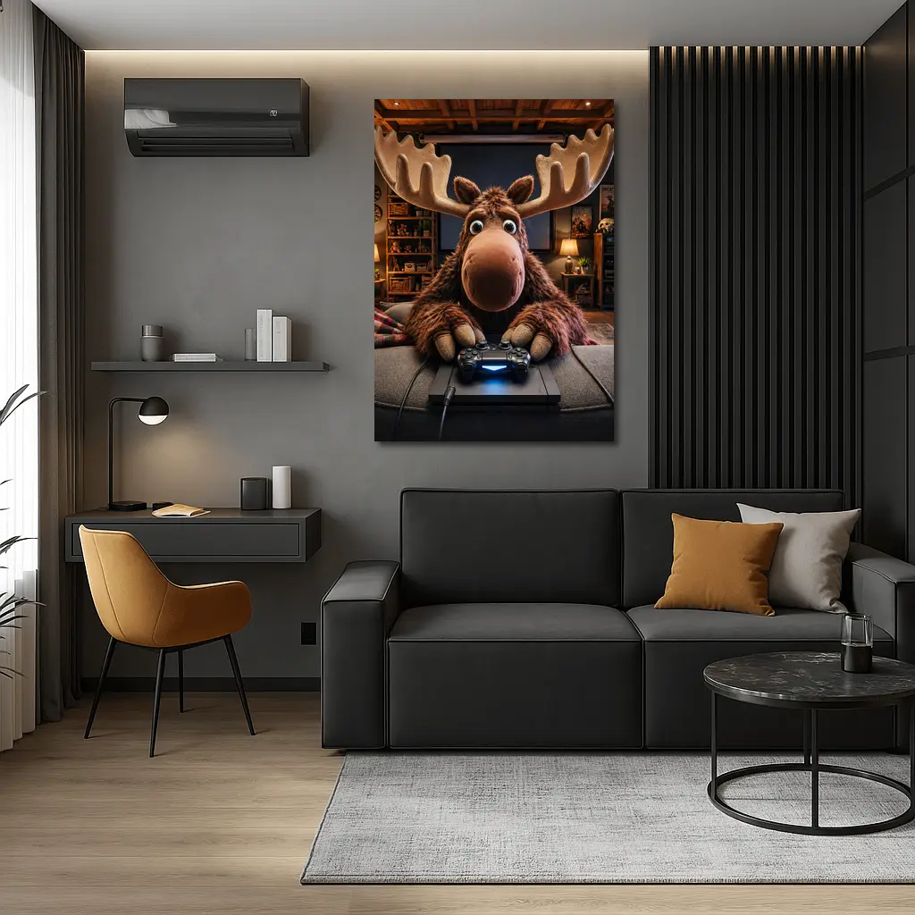 Cartoon Moose Gaming in Cozy Living Room – Wall Art