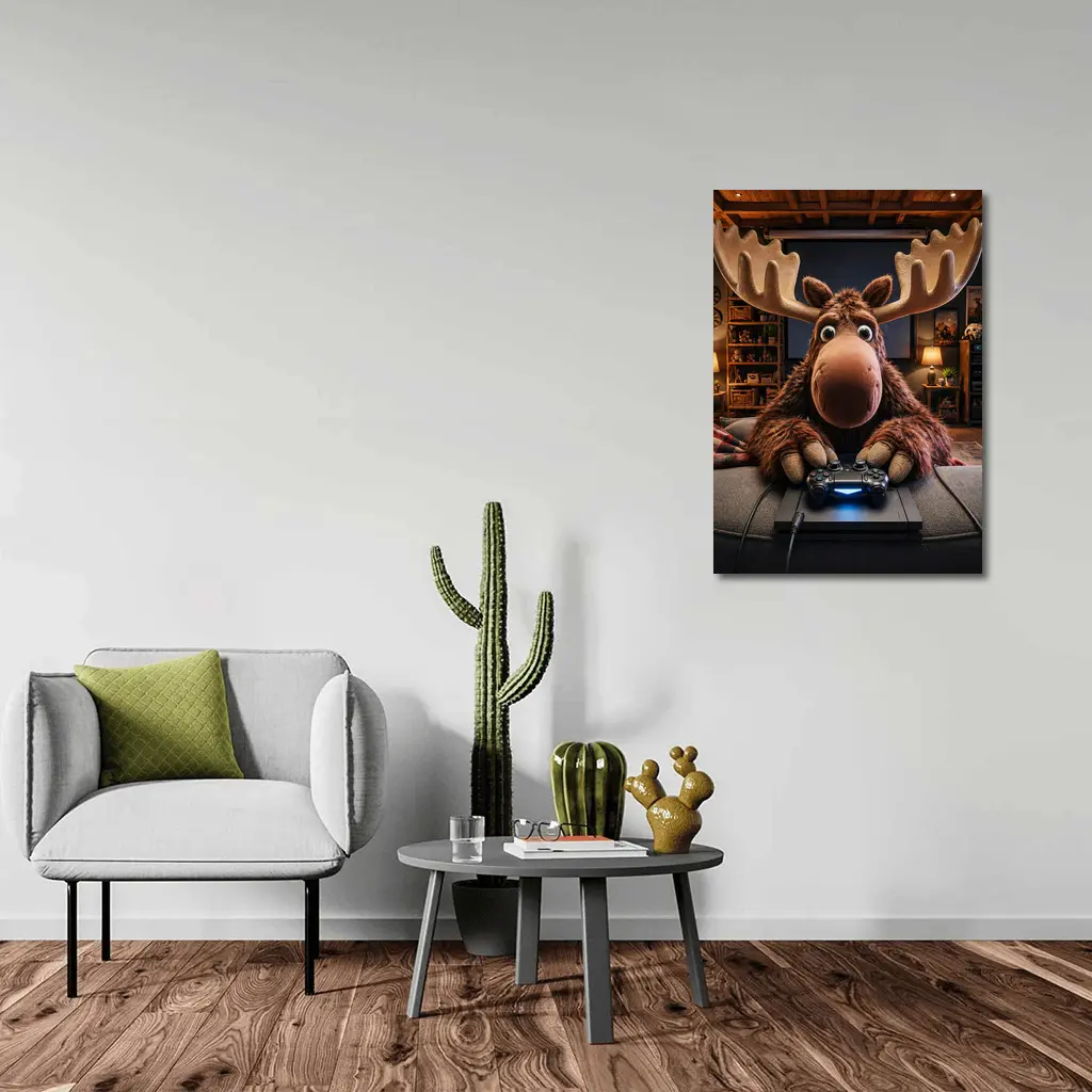 Cartoon Moose Gaming in Cozy Living Room – Wall Art