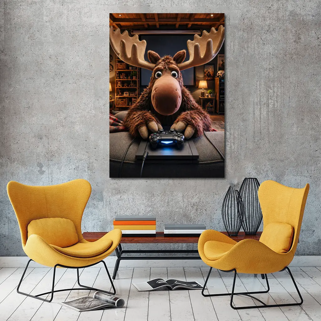 Cartoon Moose Gaming in Cozy Living Room – Wall Art