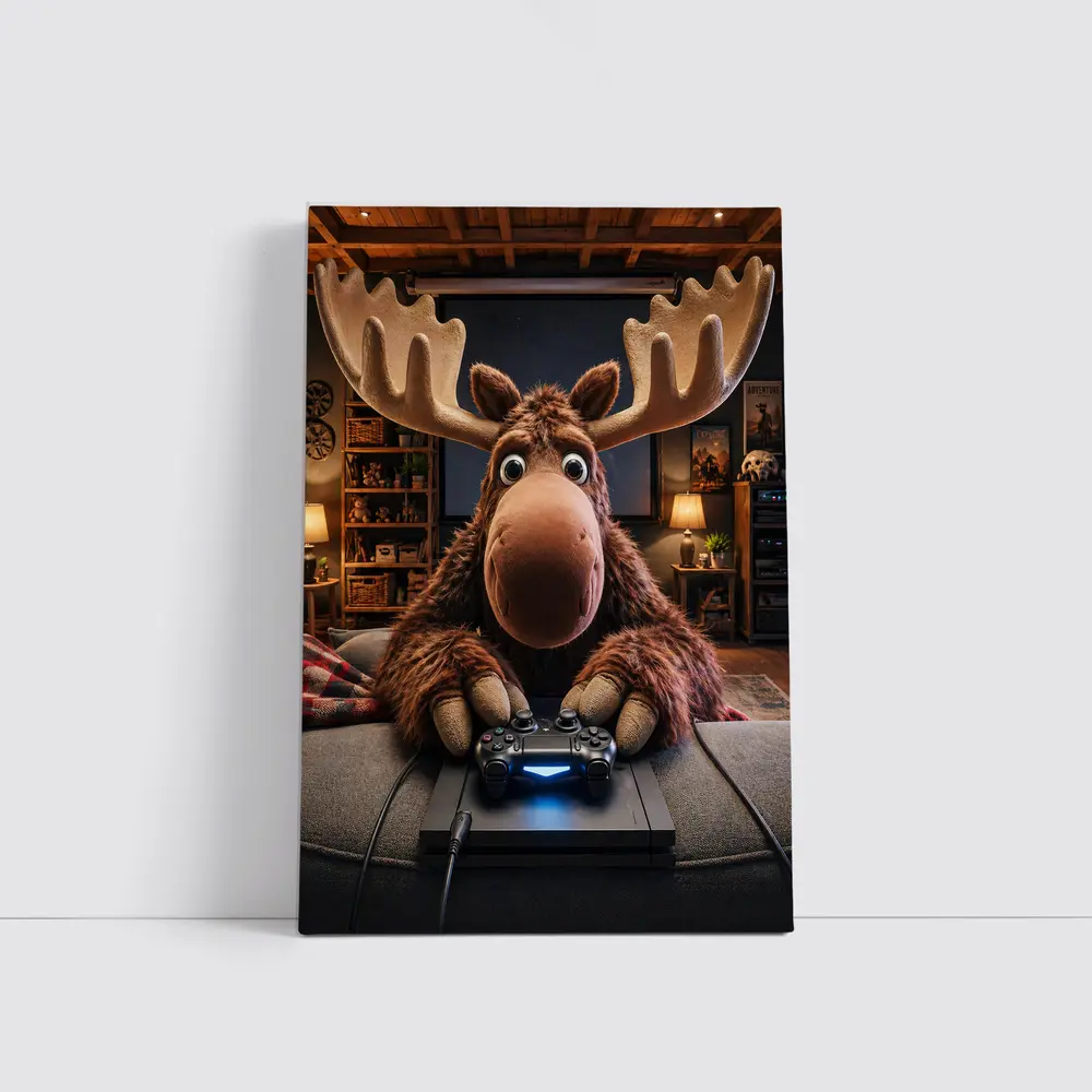 Cartoon Moose Gaming in Cozy Living Room – Wall Art