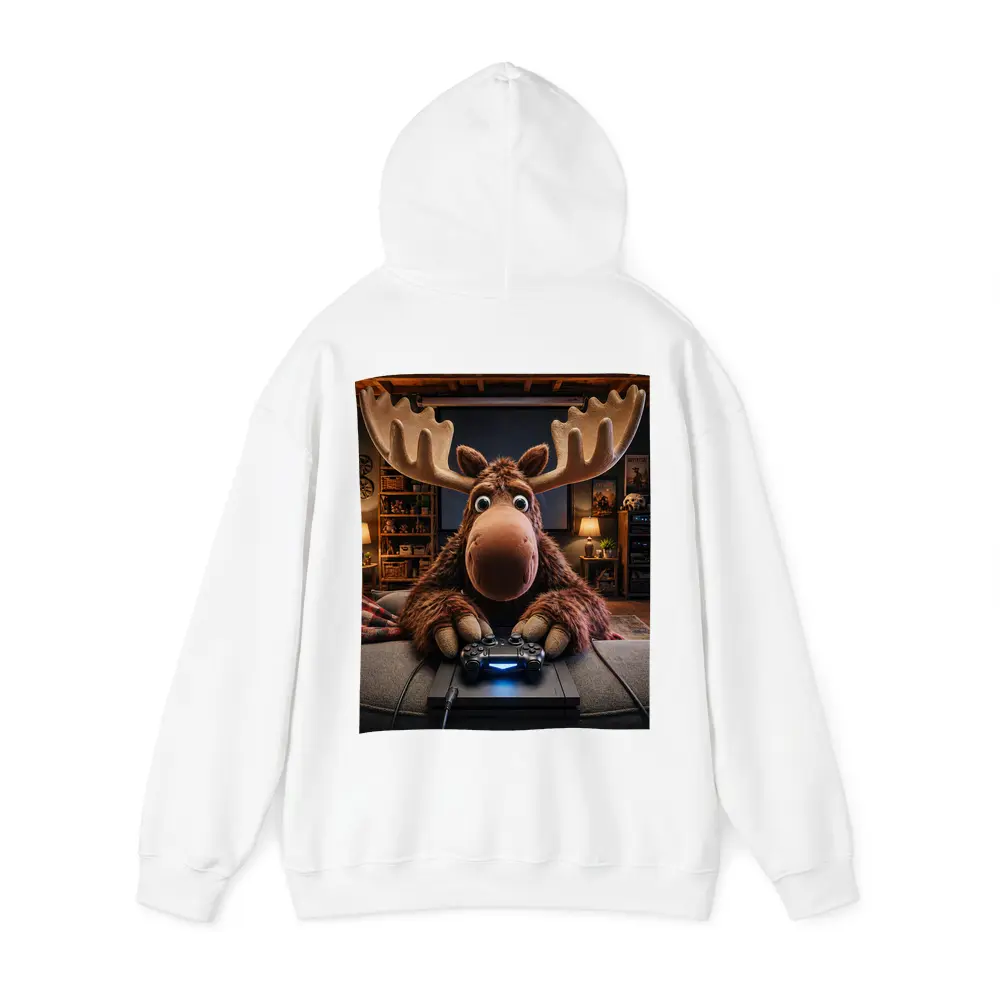 Cartoon Moose Gaming in Cozy Living Room – Hoodies