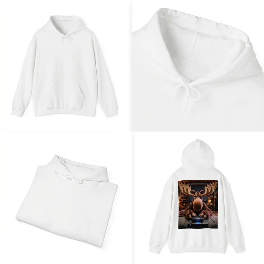 Cartoon Moose Gaming in Cozy Living Room – Hoodies