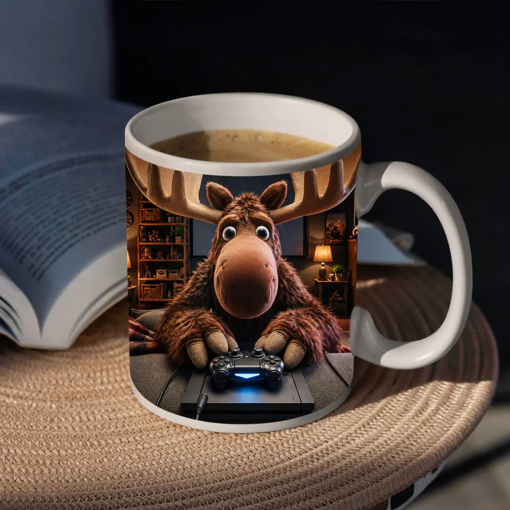 Cartoon Moose Gaming in Cozy Living Room – Mugs