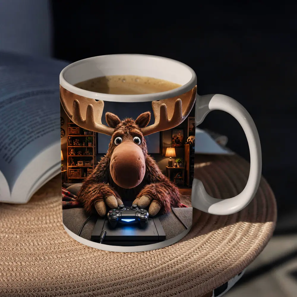 Cartoon Moose Gaming in Cozy Living Room – Mugs
