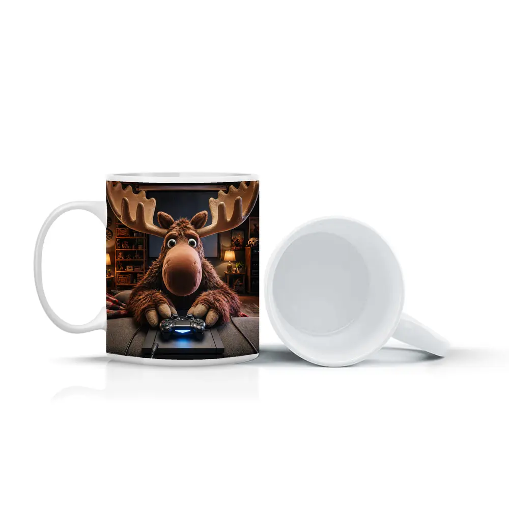 Cartoon Moose Gaming in Cozy Living Room – Mugs