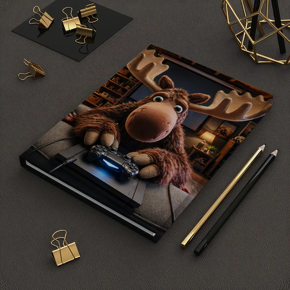 Cartoon Moose Gaming in Cozy Living Room – Notebooks