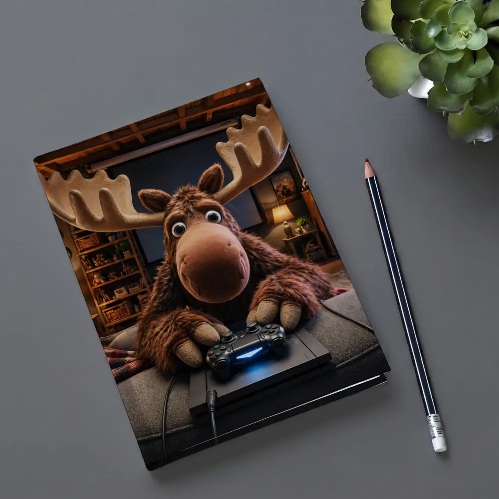 Cartoon Moose Gaming in Cozy Living Room – Notebooks