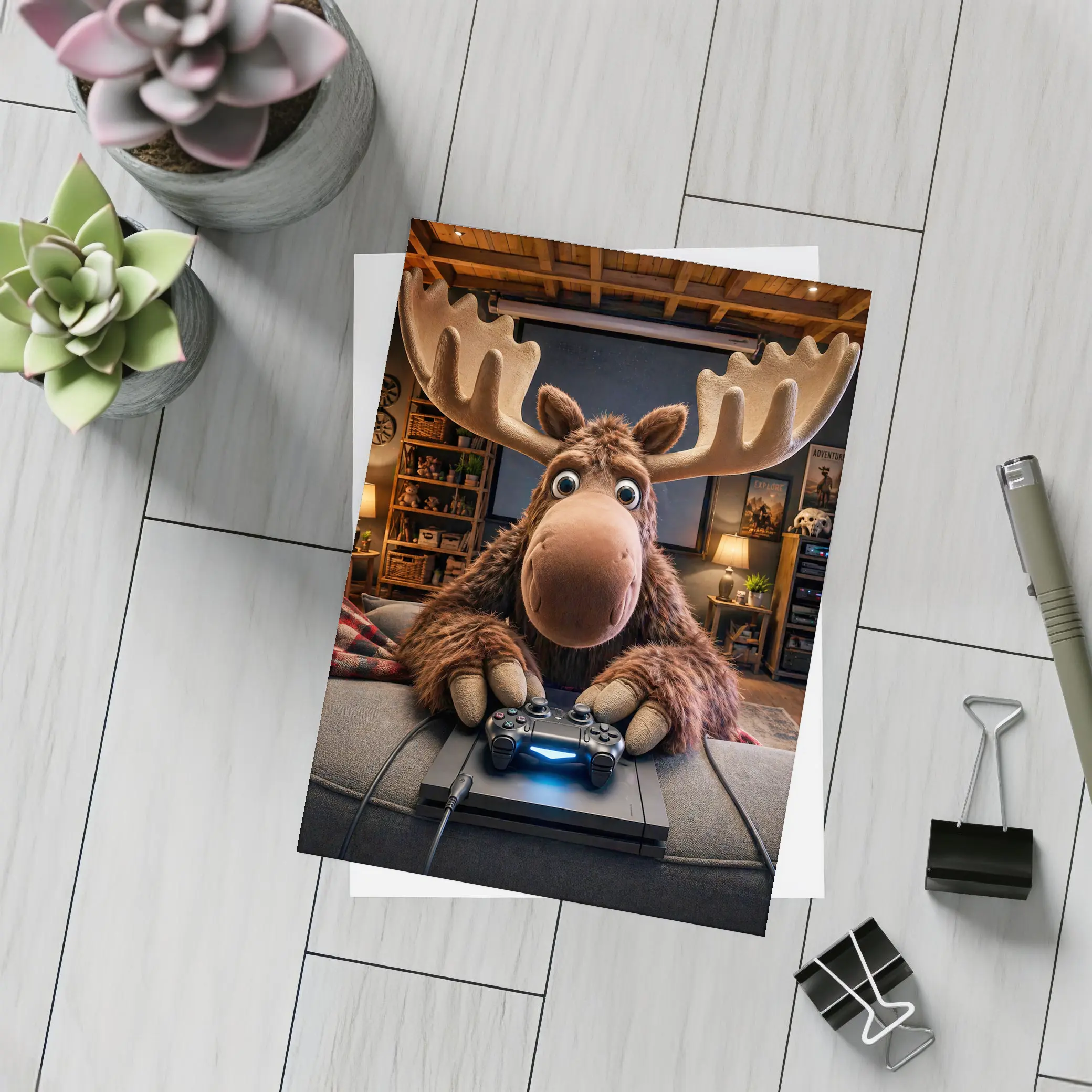 Cartoon Moose Gaming in Cozy Living Room – Postcards