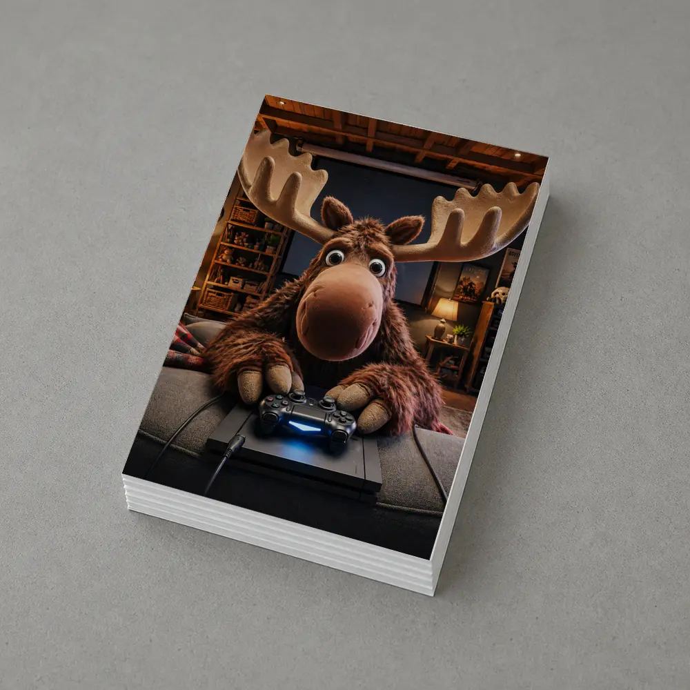 Cartoon Moose Gaming in Cozy Living Room – Postcards