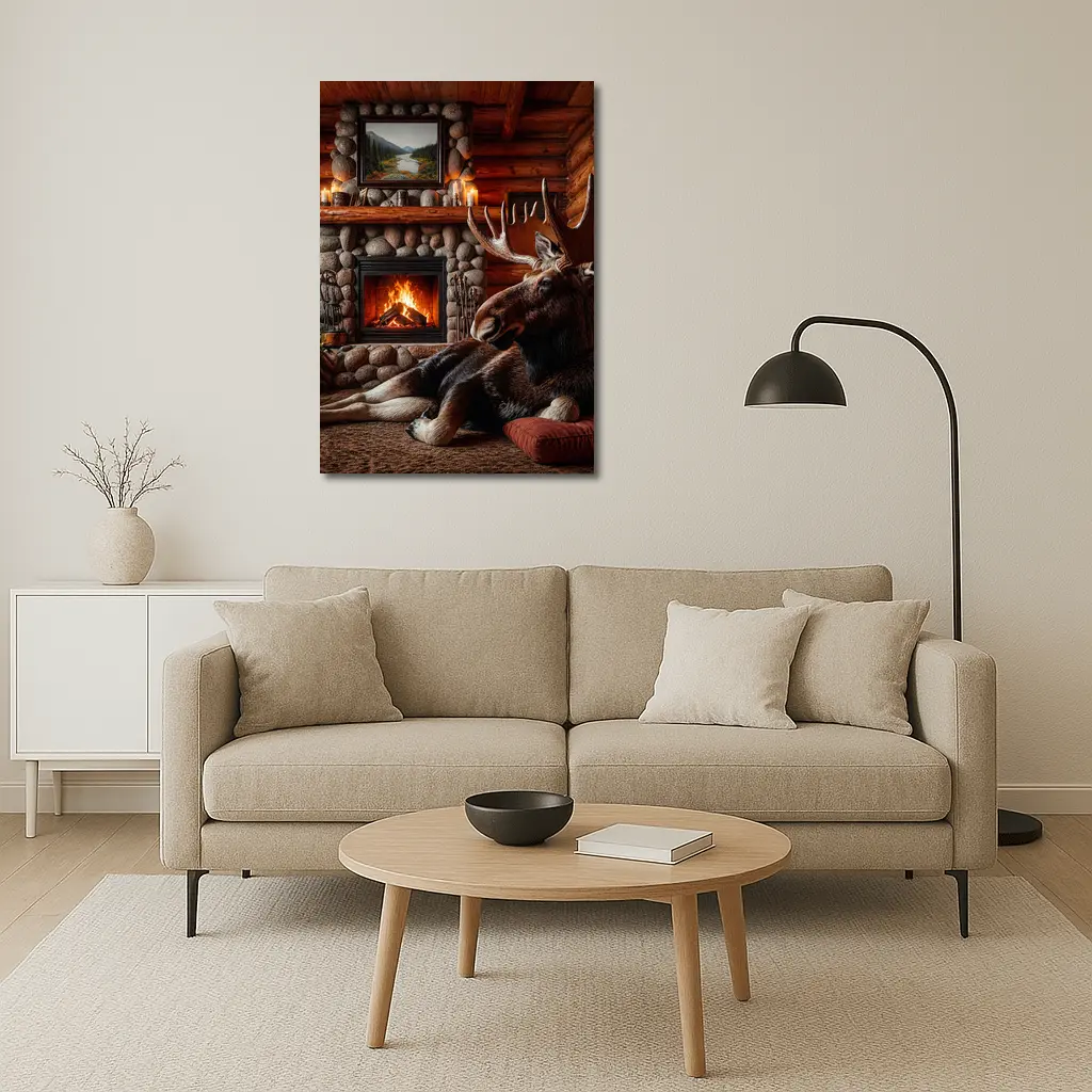 Moose Resting By Stone Fireplace Cabin – Wall Art