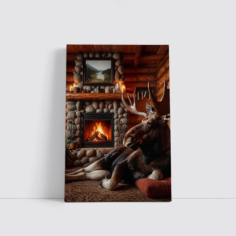 Moose Resting By Stone Fireplace Cabin – Wall Art