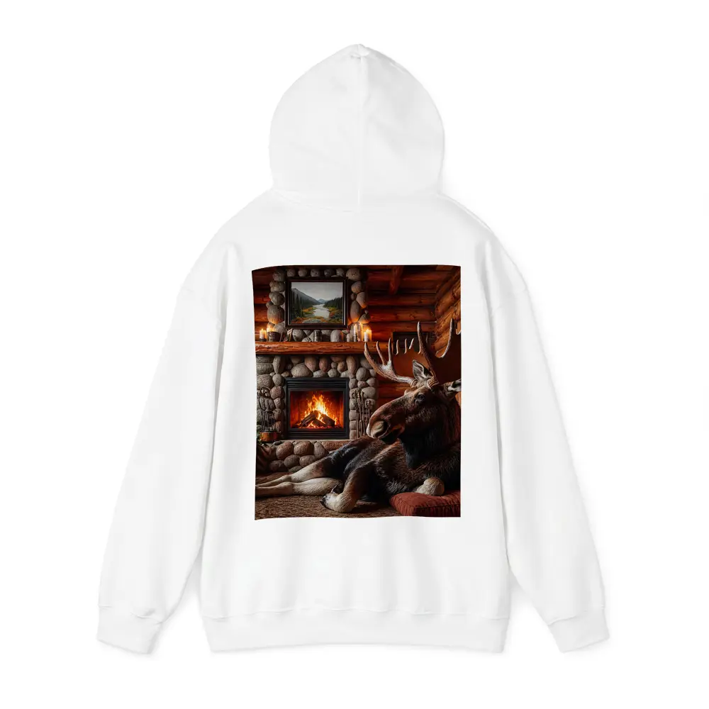 Moose Resting By Stone Fireplace Cabin – Hoodies