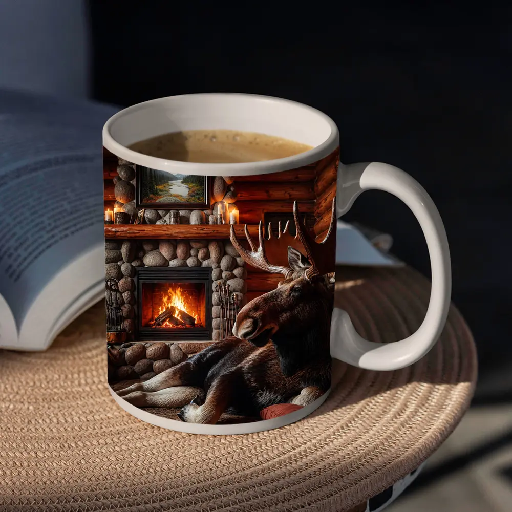 Moose Resting By Stone Fireplace Cabin – Mugs