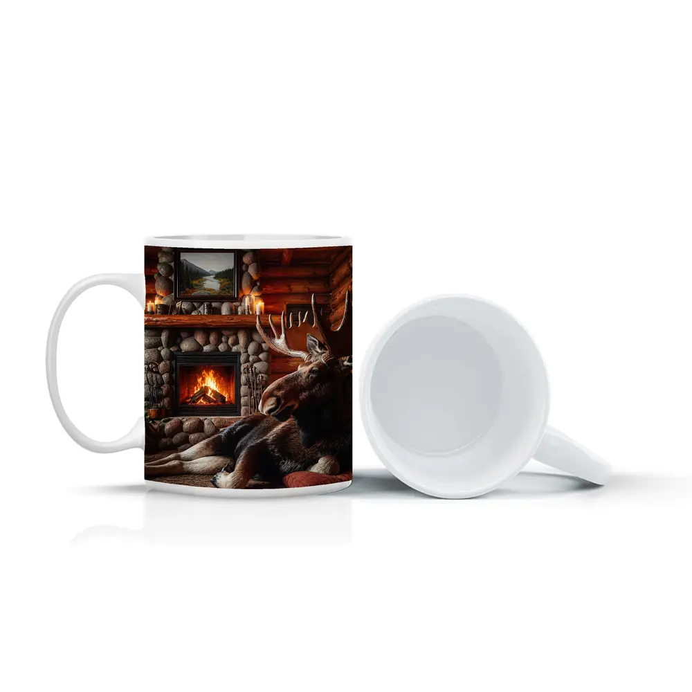 Moose Resting By Stone Fireplace Cabin – Mugs