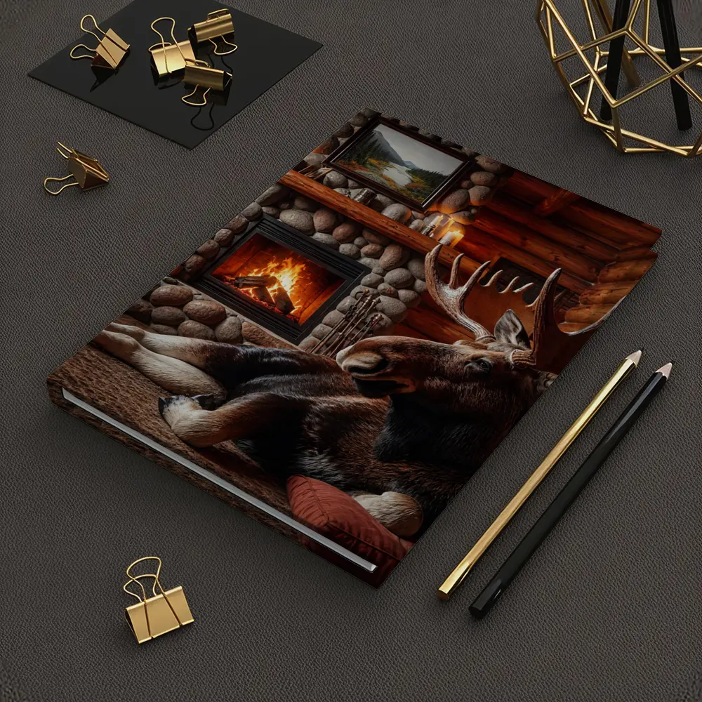 Moose Resting By Stone Fireplace Cabin – Notebooks